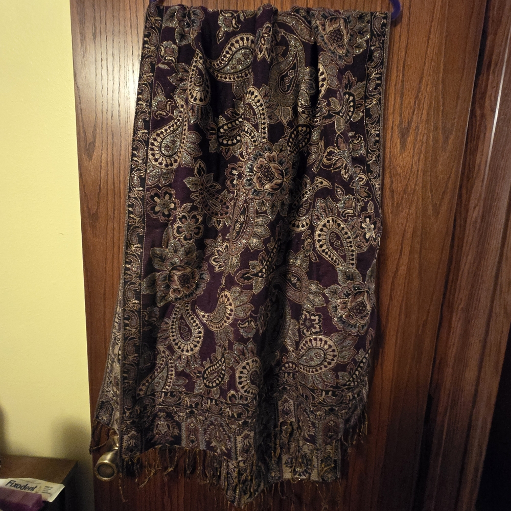 Ornate Floral Scarf in Deep Purple and Gold